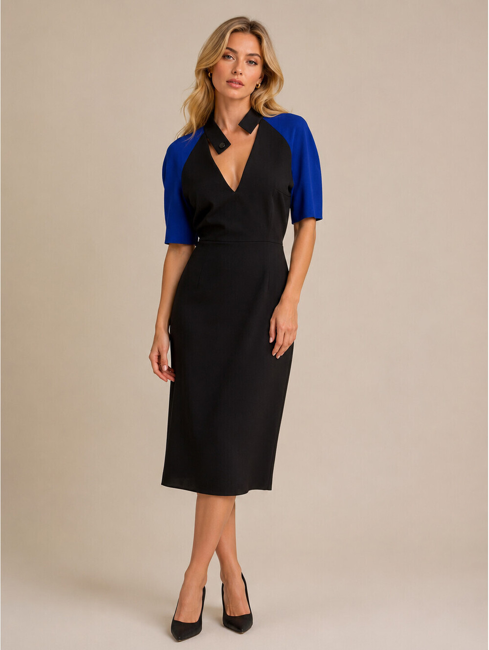 Victoria Beckham Black and Blue Raglan Sleeve Mock Neck Dress US 8/ UK 12